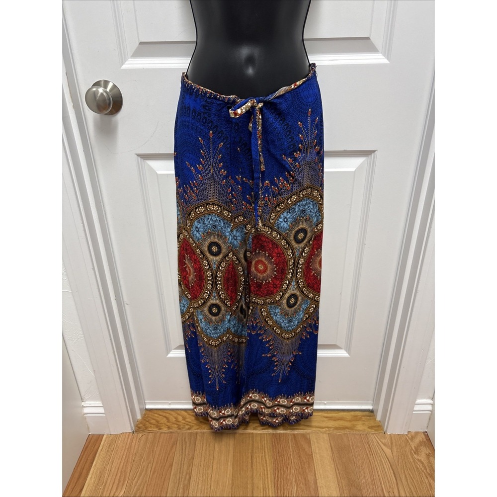 Woman's Blue Boho Mandala Printed Wide Leg Lounge Pants Open Leg Rayon - OS